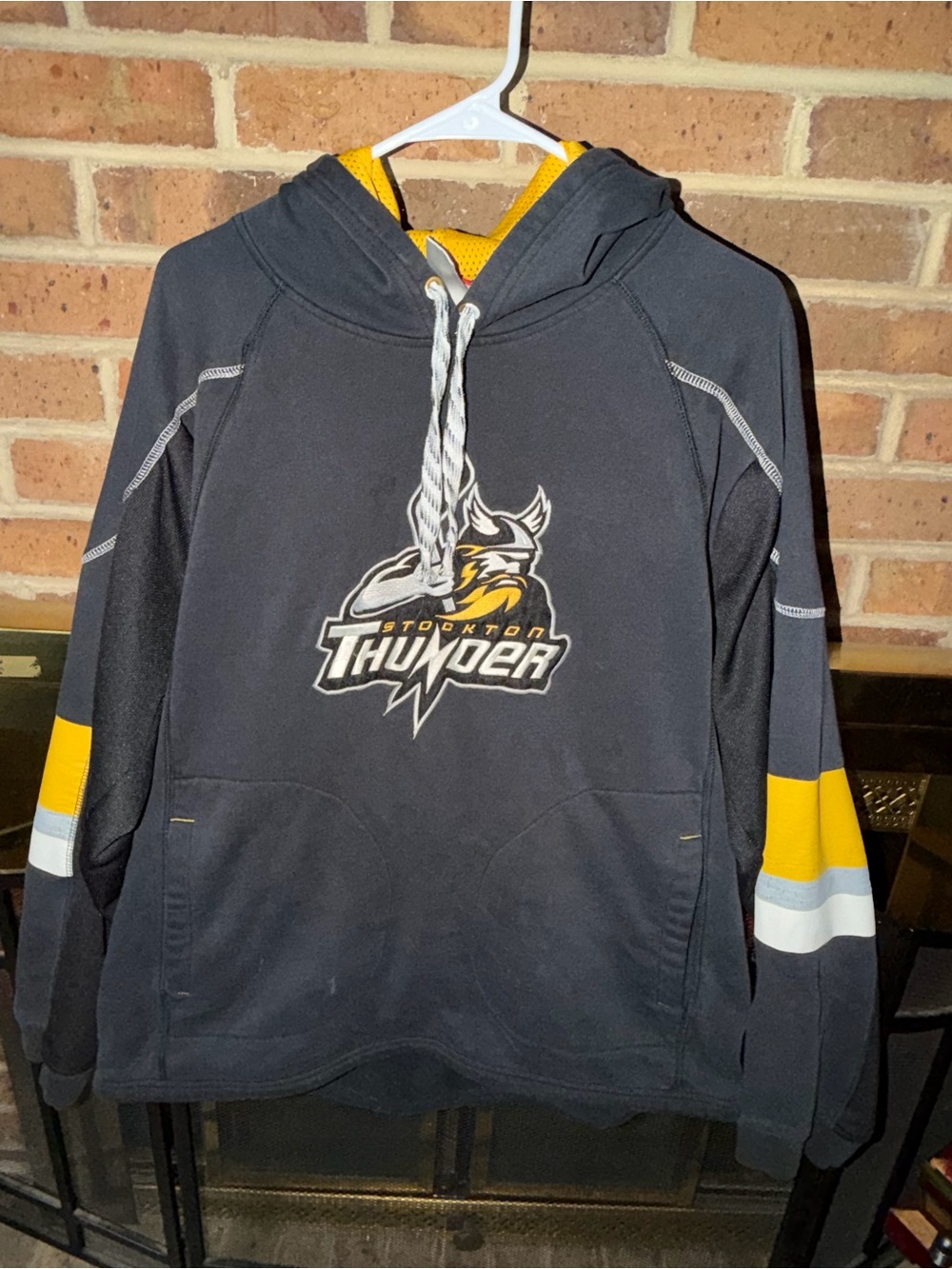 Reebok Navy Hoodie with Yellow and White Stripe Accents